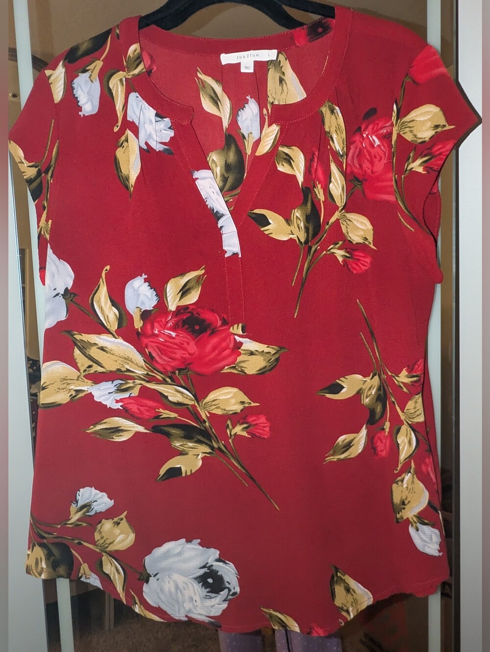 fun 2 fun Red Floral Notch-Neck Short Sleeve Tunic